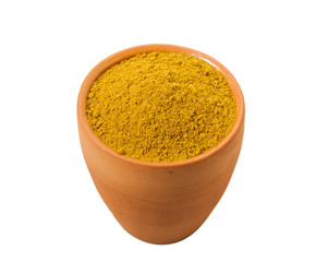 Turmeric Powder on Isolated White Background. View from above. Flat lay.