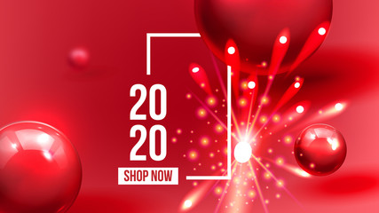 Beautiful Invitation Card Celebrating 2020 Vector. Realistic Bright Fireworks, Red Sphere And White 2020 Two Thousand Twenty Frame Invite On Party. Stylish Colorful Horizontal Postcard 3d Illustration