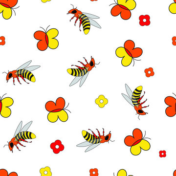  Seamless pattern on a white background with flowers butterflies and bees.
