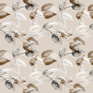 Seamless pattern of autumn tree branches .Watercolor illustration on white and color background.