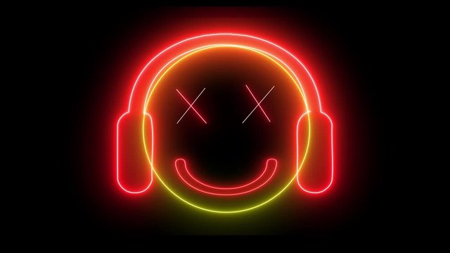 Neon smiley face with headphone. Gamer, DJ emoji, playing game or listening music. Happy glowing face. 