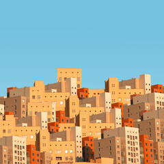 Surreal architecture. Buildings in the sunlight against the blue sky