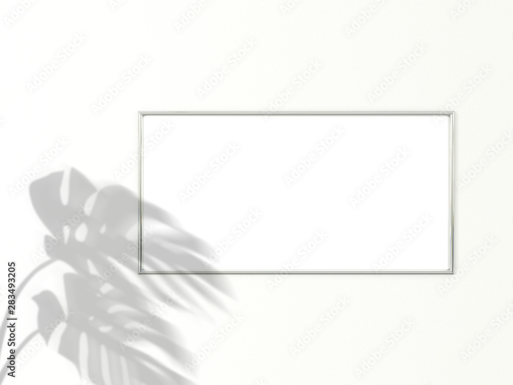 Poster 1x2 horizontal chrome frame for photo or picture mockup on white background with shadow of monstera 