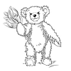 Drawing Teddy Bear with flowers. Vector illustration