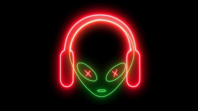 Neon UFO face, alien emoji listening music with headphones glowing light. Creature, monster, futuristic character isolated with led, neon light. 