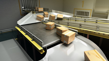 modern sorting system conveyor concept cardboard boxes on conveyor 3d render