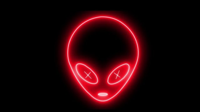 Neon UFO face, alien emoji glowing light. Creature, monster, futuristic character isolated with led, neon light. 