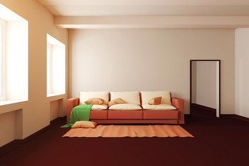 The interior of the living room with a sofa. 3d illustration