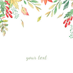 Hand drawn watercolor frame with fall branches, maple leaves, orange and green foliage. Forest perfect design