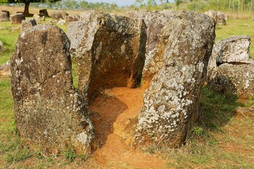 Ancient stone jars in a Plain of Jars (Site #1) near Phonsavan, Xienghouang province, Laos.