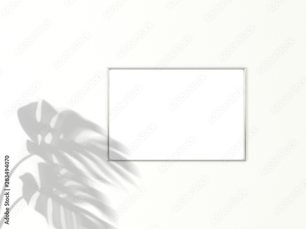 Poster 2x3 horizontal chrome frame for photo or picture mockup on white background with shadow of monstera 