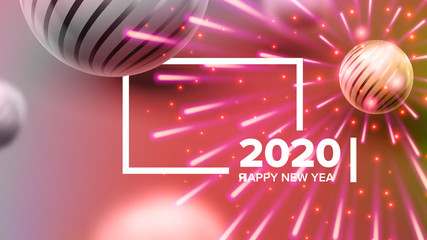 Beautiful Invitation Card Celebrating 2020 Vector. Realistic Bright Fireworks, Sphere And White 2020 Two Thousand Twenty Frame Invite On Party. Stylish Colorful Horizontal Postcard 3d Illustration