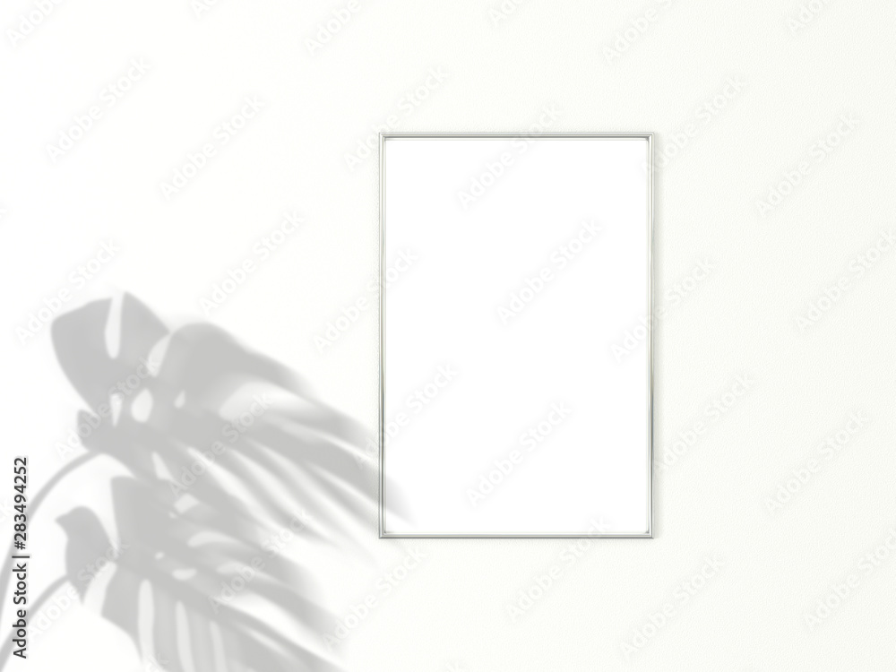 Poster 2x3 vertical chrome frame for photo or picture mockup on white background with shadow of monstera le