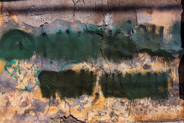 Old dirty, cracked wall with abstract spray paint texture background. Shaded graffiti tag on an old abstract wall. Stains of dark paint with drips on the surface