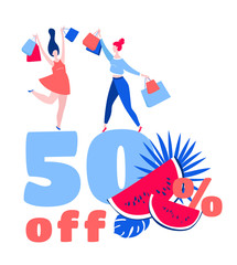 Women dancing happy purchase buy paper bags. 50 percents off spesial offer.