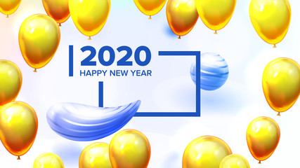 Bright Invite Card Happy New Year Banner Vector. Greeting-card Decorated Yellow Air Balloons And Golden Foil Celebration Background. Horizontal Postcard 3d Illustration