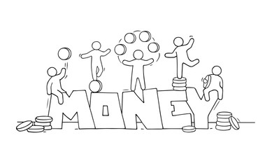 Sketch of little people with word Money.
