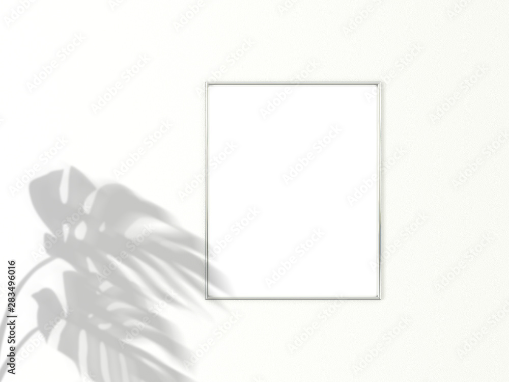 Poster 4x5 vertical chrome frame for photo or picture mockup on white background with shadow of monstera le