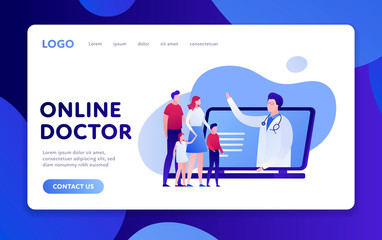 Vector modern flat online doctor banner template. Laptop with doctor and family characters on white background with fluid shapes. Design for web clinic, hospital, service, diagnostic, advertisment