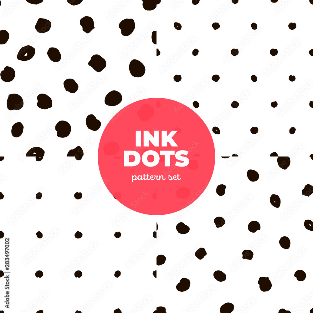 Poster set of vector monochrome abstract dot seamless pattern. black irregular grunge hand drawn ink dots i