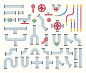 Pipe constructor set vector illustration. Massive ramified pipeline with big amount of different valves and faucets used to deliver hot and cold filtrated water flat style concept