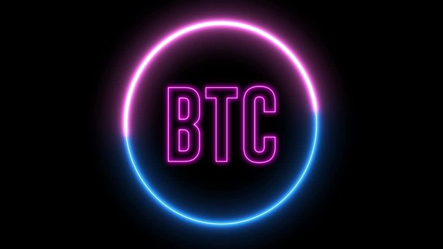 Neon bitcoin symbol, Concept of new money of technology. Glowing led light and swirling round with BTC symbol.