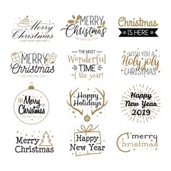 Merry christmas labels and greetings set vector illustration. Festive lettering written in black and golden font on white background flat style. Xmas eve concept