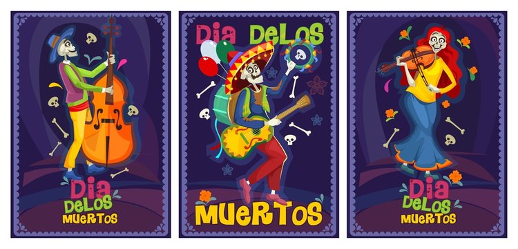 Dia de los muertos cards set vector illustration. Collection consist of greeting or invitation flyers with dancing, playing skeletons and lettering on blue background