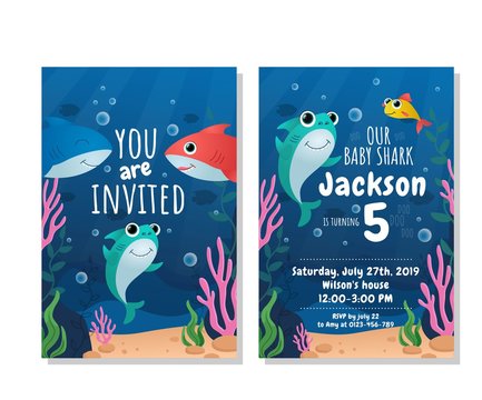 Baby shark party invitation card. Kids birthday party vector illustration. Joyful invitation to birthday of little child in marine underwater design flat style concept