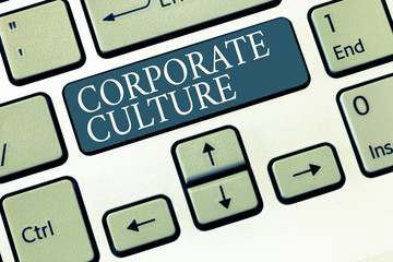 Conceptual hand writing showing Corporate Culture. Business photo showcasing Beliefs and ideas that...
