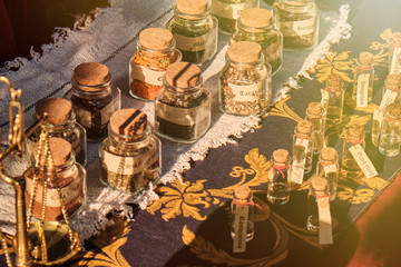 Historical reconstruction of the sale of spices in the old Bazaar. Herbs, spices and condiments with signed tags.