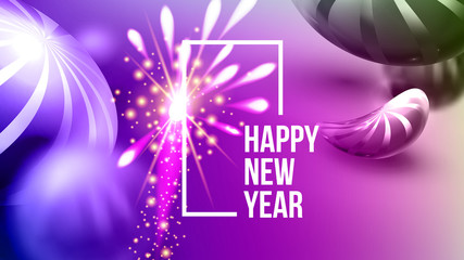 Beautiful Invitation Card Celebrating 2020 Vector. Realistic Bright Fireworks, Sphere And White 2020 Two Thousand Twenty Frame Invite On Party. Stylish Colorful Horizontal Postcard 3d Illustration