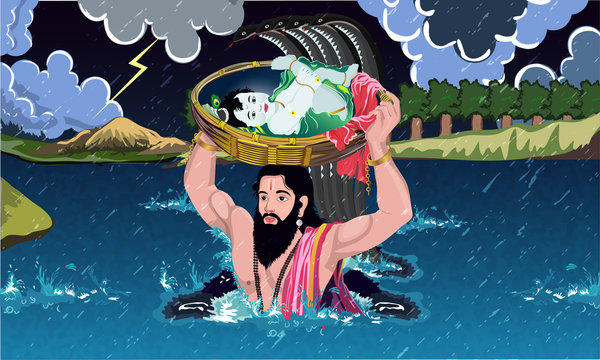 concept of Shri krishna janmashtami, day of lord krishna birthday where he born and his father vasudev take him his head and cross river at late night with lots of rain and sheshnaag safe lord krishna