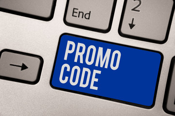 Writing note showing Promo Code. Business photo showcasing digital numbers that give you good discount on certain product Keyboard blue key Intention computer computing reflection document