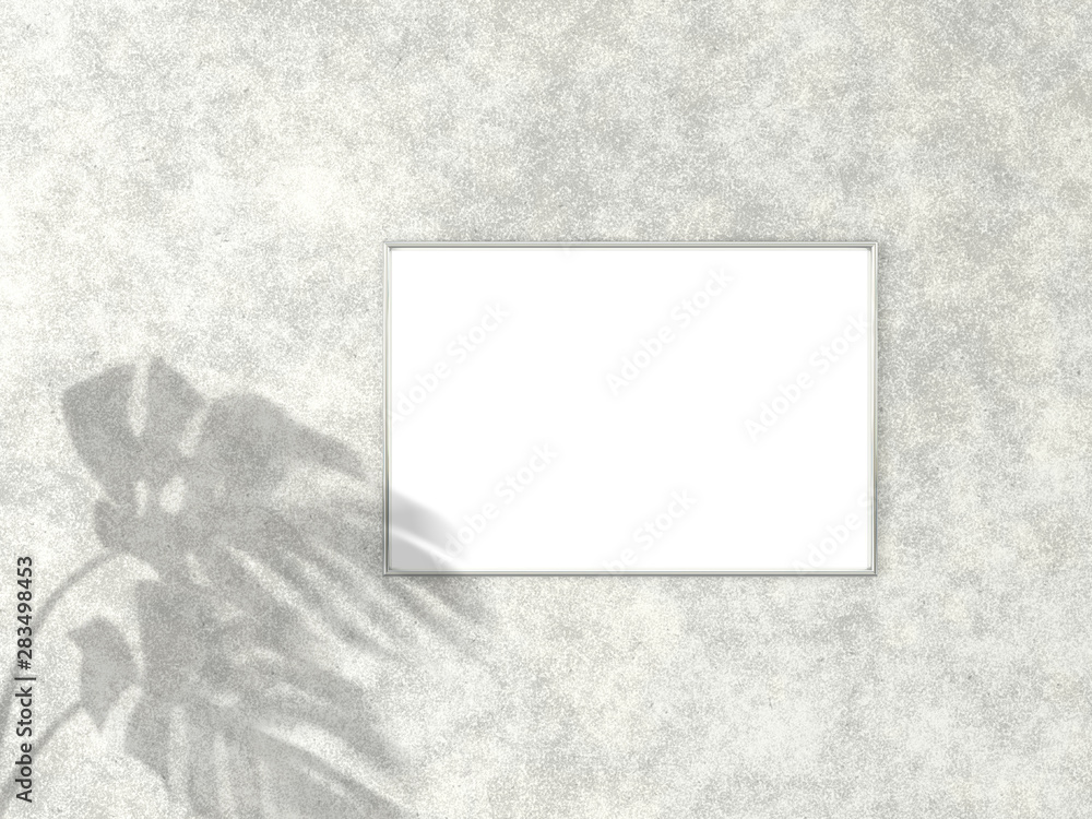 Poster 2x3 horizontal chrome frame for photo or picture mockup on concrete background with shadow of monste