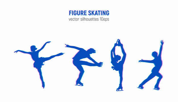 Figure skaters silhouettes with glitch effect. Winter sport illustration. Athletes in motion vector images. Elements of figure skating.