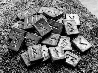 24 Norse runes on grass in black and white background