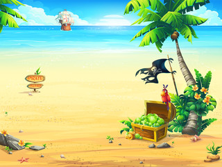 The coast with a chest, parrot, palm tree, pirate ship