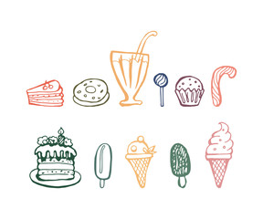 Sweet set hand-drawn doodle. Ice cream, cake, candy, muffins. Vector color isolated illustration.