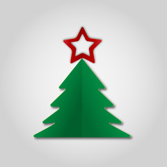 Fototapeta premium Green paper Christmas tree witn red star on gray background. Design elements for holiday cards. Vector Illustration.