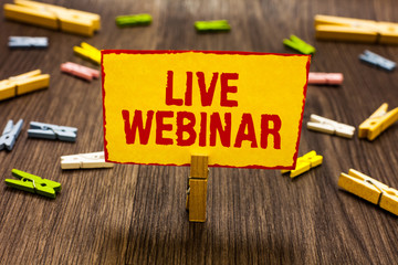 Text sign showing Live Webinar. Conceptual photo Interactive seminar transmitted over the web Real...