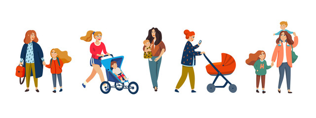 Set of happy mothers with children. Cute cartoon characters isolated on white background. Flat style vector illustration.