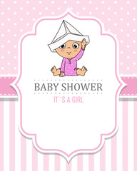 Baby girl playing with a paper cap. baby shower card.