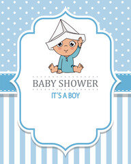 Baby boy playing with a paper cap. baby shower card.