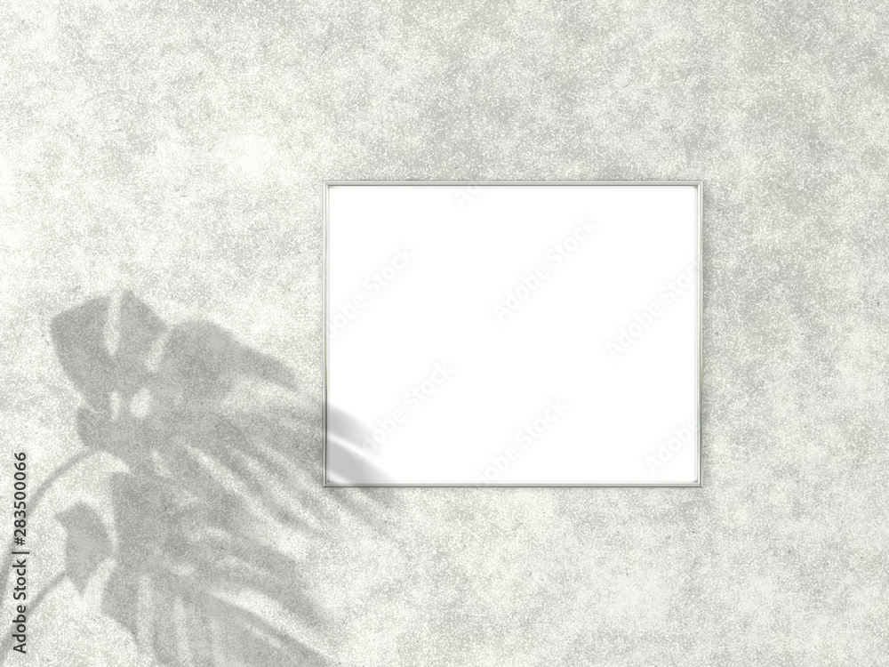 Poster 4x5 horizontal chrome frame for photo or picture mockup on concrete background with shadow of monste