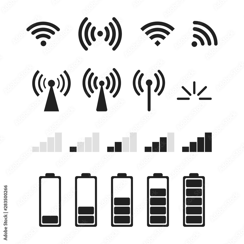 Poster set of signal vector icons isolated. vector level of battery or charging isolated signs. vector wifi