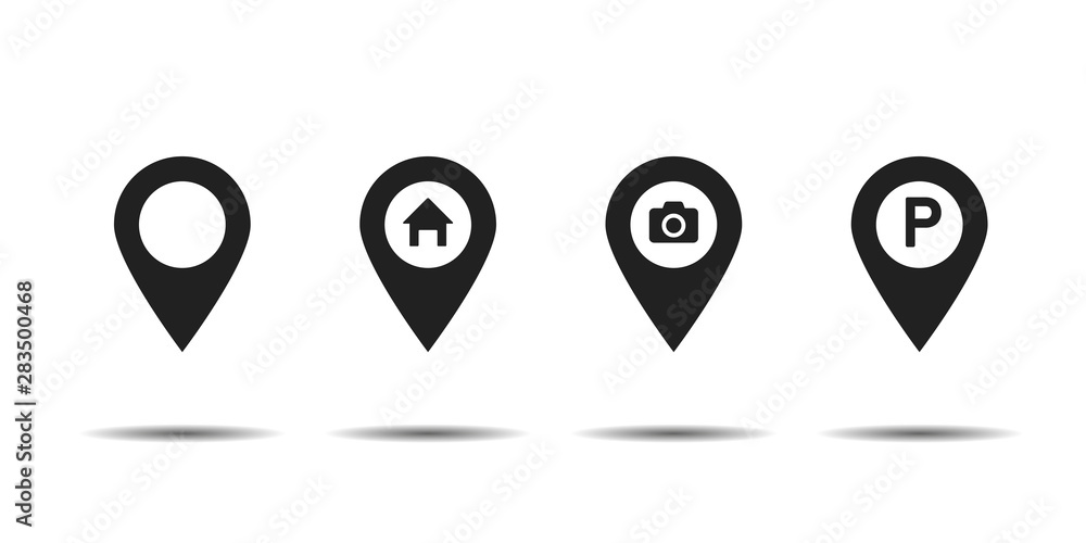 Poster set of pointer icons house camera parking pins for map. sign of navigation or location isolated on w