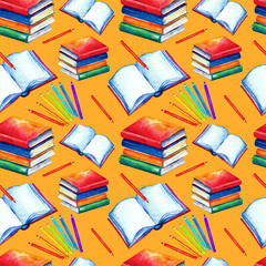 Obraz premium Seamless school pattern in watercolor. Books, textbooks, colored, pencils on a white background. Design for textiles, paper, Wallpaper, packaging, banner, postcard, invitation,