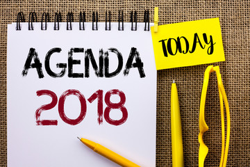 Handwriting text Agenda 2018. Concept meaning Strategy Planning Things Schedule Future Goals...