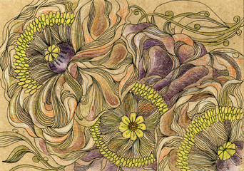 Hand drawing of stylized flowers and herbs. Graphic, artistic technique. Crayons, line, ink. Ready original postcard, poster, banner.